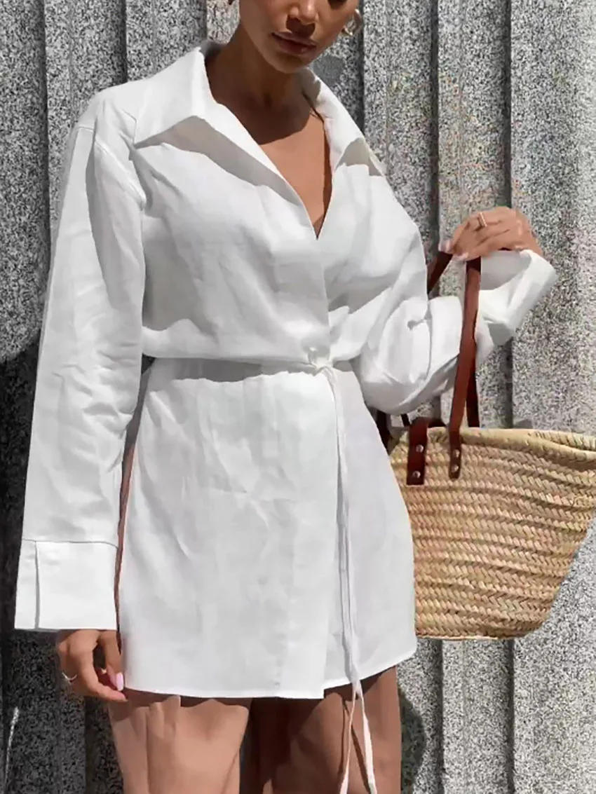 Parc Fee Casual Loose White Women Shirt 2025 Fashion Lapel Long Sleeve Shirts Elegant Classic Lace-Up Solid Top Female Clothing