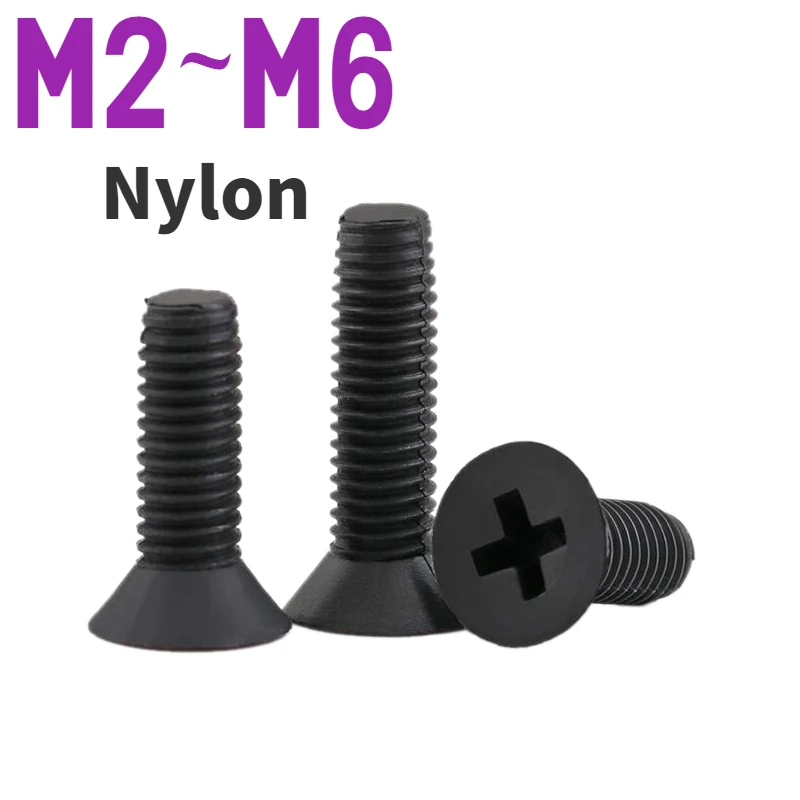 

20-100 Pieces Of Nylon M2 M2.5 M3 M4 M5 M6 Black Countersunk Head Screw Plastic Cross Flat Head Machine Screw Length 4-40mm