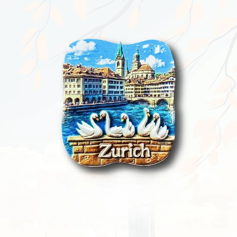 زيورخ المدينة القديمة سوان مغناطيس الثلاجة - ثلاثية الأبعاد نهر ليمات تذكارية منازل نقابة تاريخية ديكور هدية سويسرية فريدة من نوعها #4