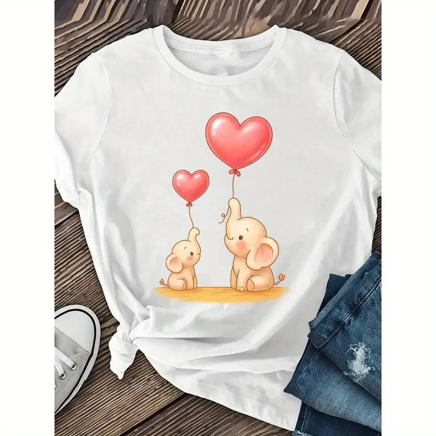

【New style】Heart-loving Little Elephant Lady Short-sleeved Casual Short-sleeved Round-neck Top for Spring and Summer Casual Sho