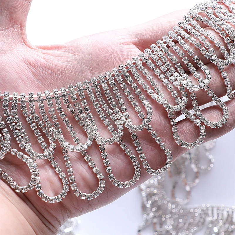 

1 Yard Crystal Rhinestone Trim Tassel Wave Round Ribbon Metal Chain for Sewing Neckline Wedding Dress Bag DIY Decoration