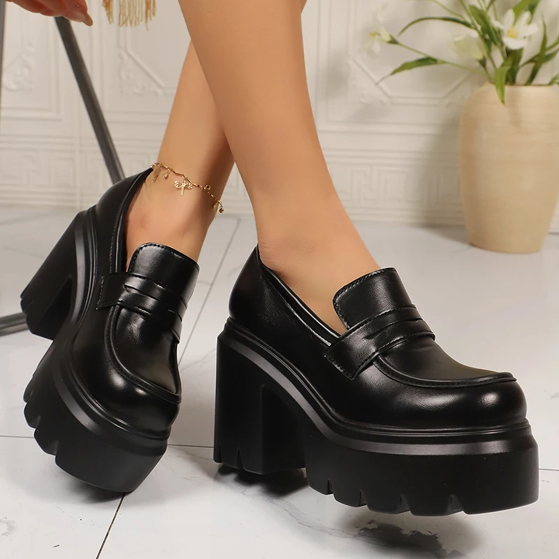 

Black Pu Leather Chunky Platform Loafers for Women Plus Size Thick High Heel Pumps Woman Slip On Round Toe Punk Goth Shoes Mujer