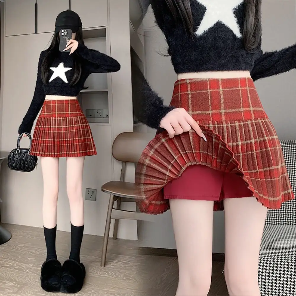 

Elastic Plaid Woolen Pleated Skirt Korean Style Harajuku High Waist A-line Skirt Dress Tiered Short Mini Skirts School Girl