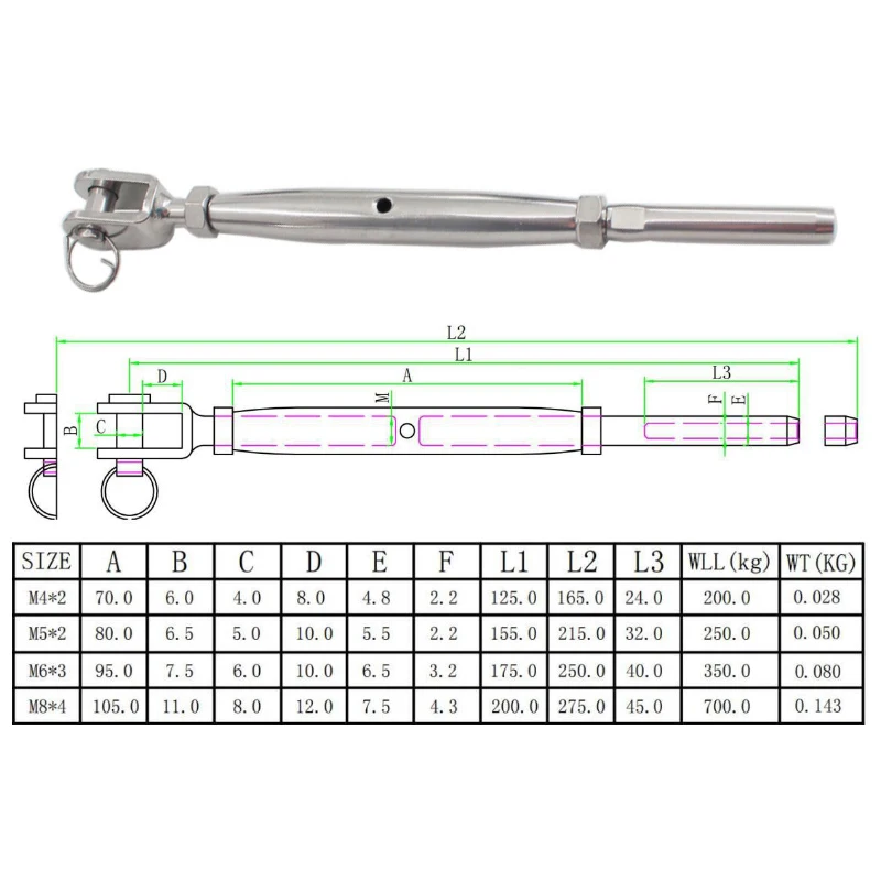 4 Pieces 316 Stainless Jaw Swage Closed Turnbuckle Fasteners Wire Rope Swage Terminal Ends