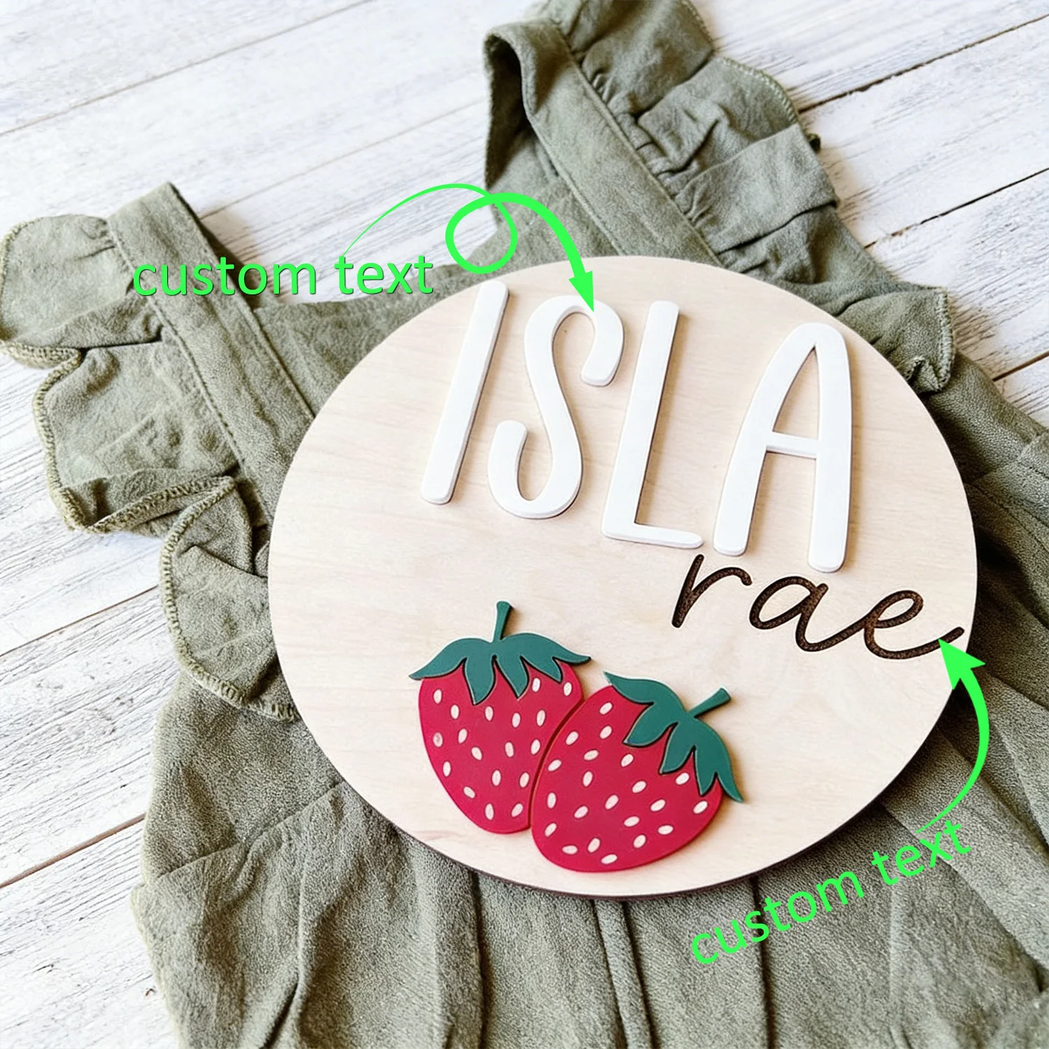 1pc Round Wooden Custom Name Sign Strawberry Accent Dual Font Personalized Text Wall Tabletop Farmhouse Home Decor Gift