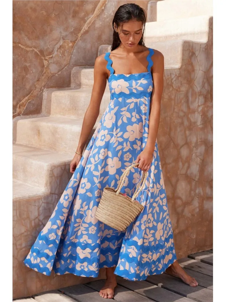 スパゲッティストラップ付きコットンロングドレス,プリント,セクシー,ボヘミアンスタイル,ビーチウェア,マキシ,カジュアル,夏