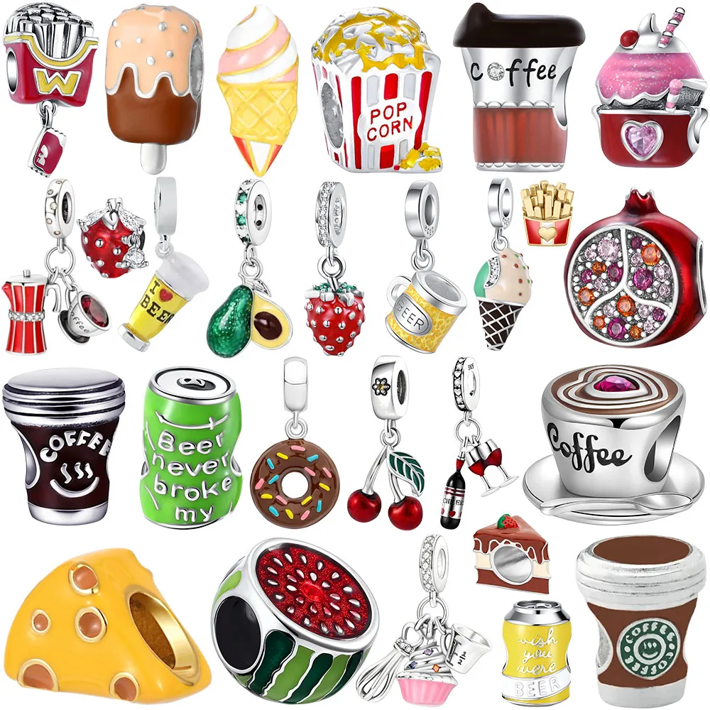 Coffee Donut French Fries Popcorn 925 Sterling Silver Charm Bead Fit Original Bracelet Keychain Necklace Diy Jewelry Accessories