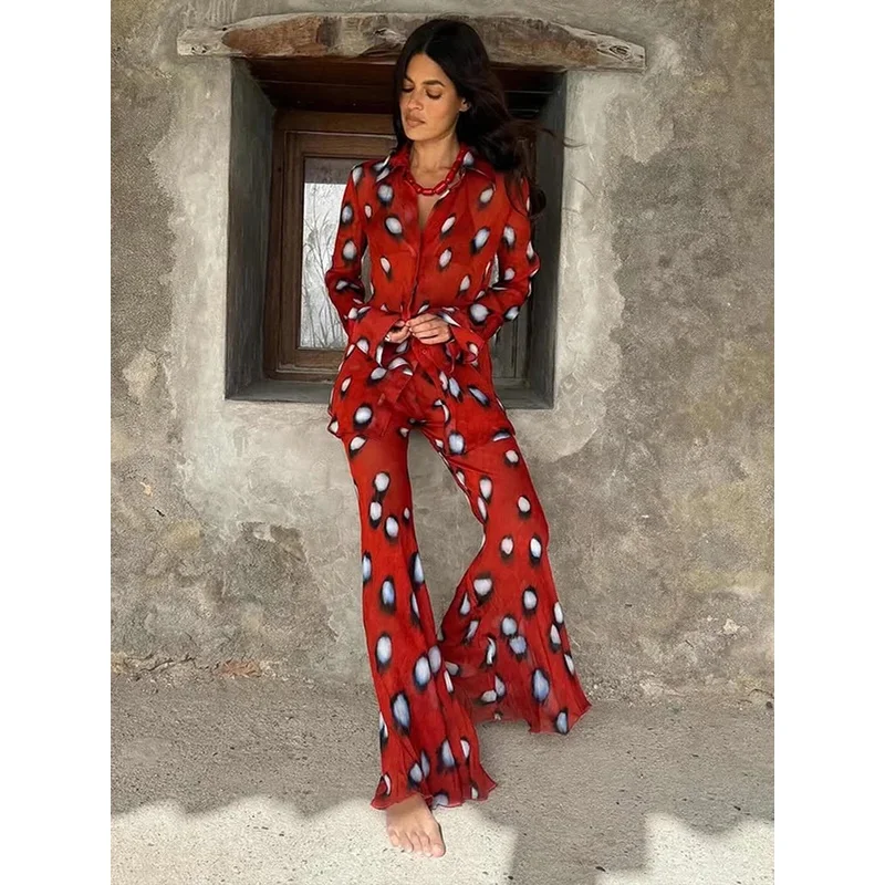 Beach Vacation Printed Shirt Pant Set Women Red See Through Lapel Full Sleeve Button Shirts Pants Suit 2026 Summer Casual Outfit