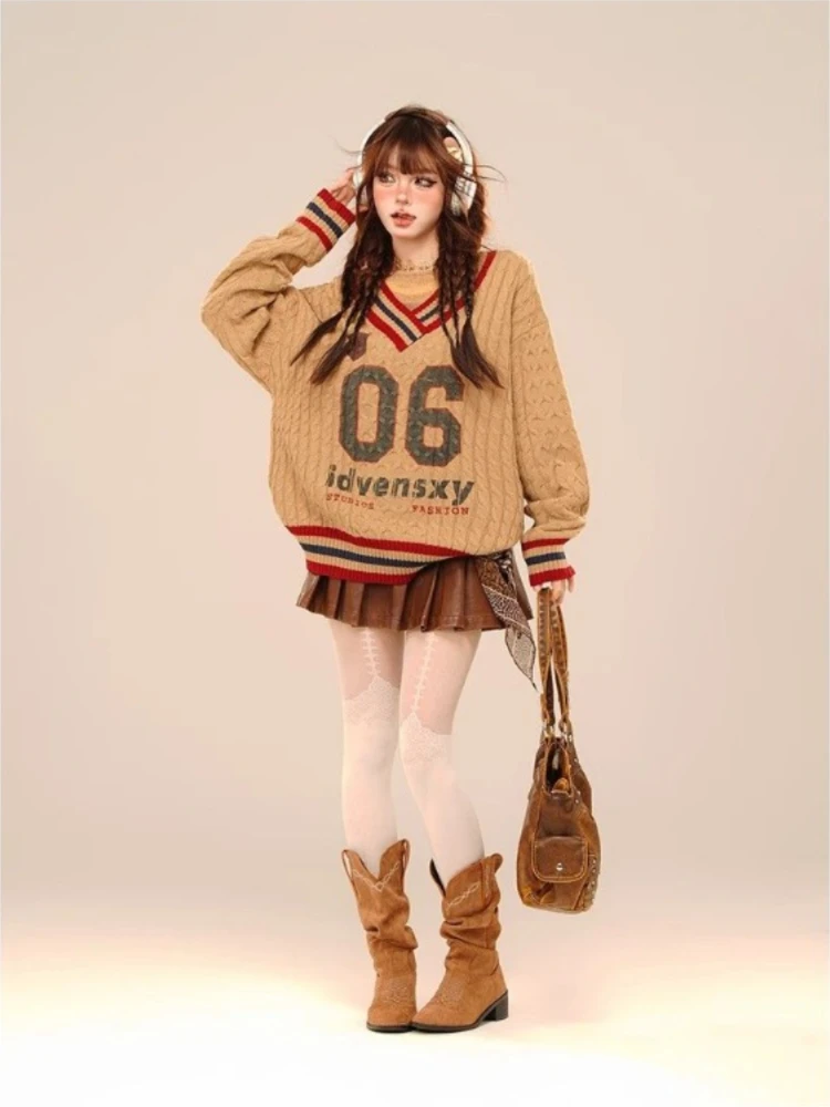 2000s American Vintage Knitted Sweater Women Casual Striped Long Sleeve Loose Korean Fashion Pullover Y2k Party Retro Clothing