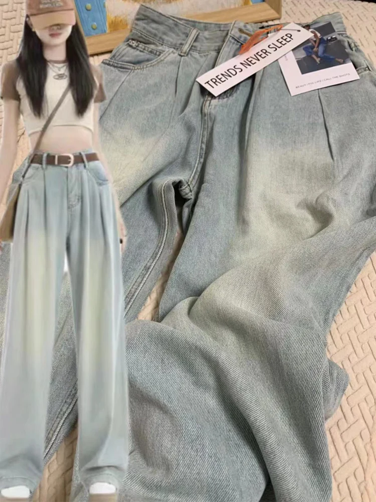 

Прямые джинсы с высокой талией, женские летние новые тонкие широкие брюки длиной до пола, утягивающие свободные драпированные синие брюки