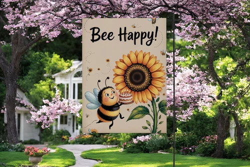Bee Happy Garden Flag Sunflower Cute Bumblebee Summer Outdoor Yard Porch Decor RRM IIX SSL