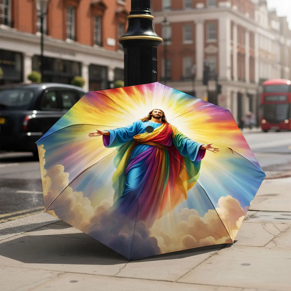 1P C Colorful Umbrella Featuring Religious Imagery in Front of Building 8 Iron Ribs Folding Umbrella Auto-Open Fashion Sunshade