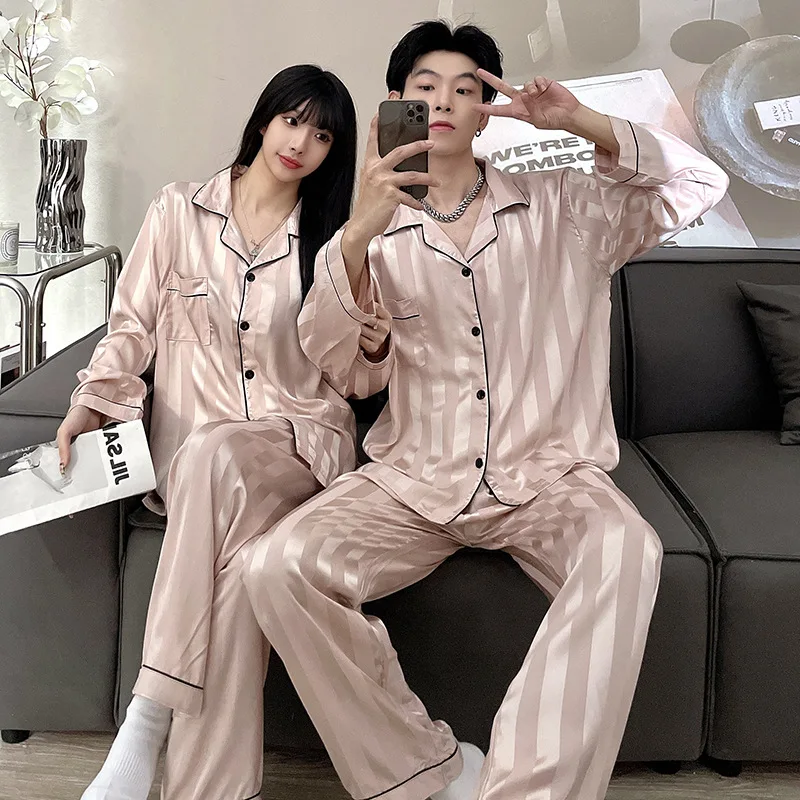 Couple Pajamas Sets Striped Print Pijama Faux Silk Satin Lapel Pyjama Female Sleepwear Long Sleeve Shirt Pants Suits Homewear