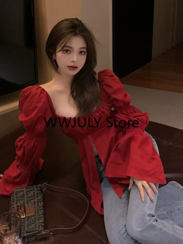 Red Korean Style Sexy Blouse Women Chic Design Casual Elegant Blouse Female 2023 Autumn Sweet Long Sleeve Evening Party Clothes