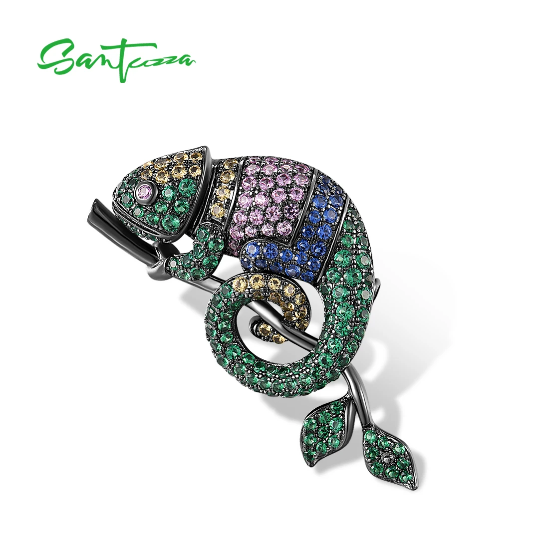 SANTUZZA Pure 925 Sterling Silver Brooch For Women Sparkling Colorful Gemstone Lovely Chameleon Birthday Gift Trend Fine Jewelry