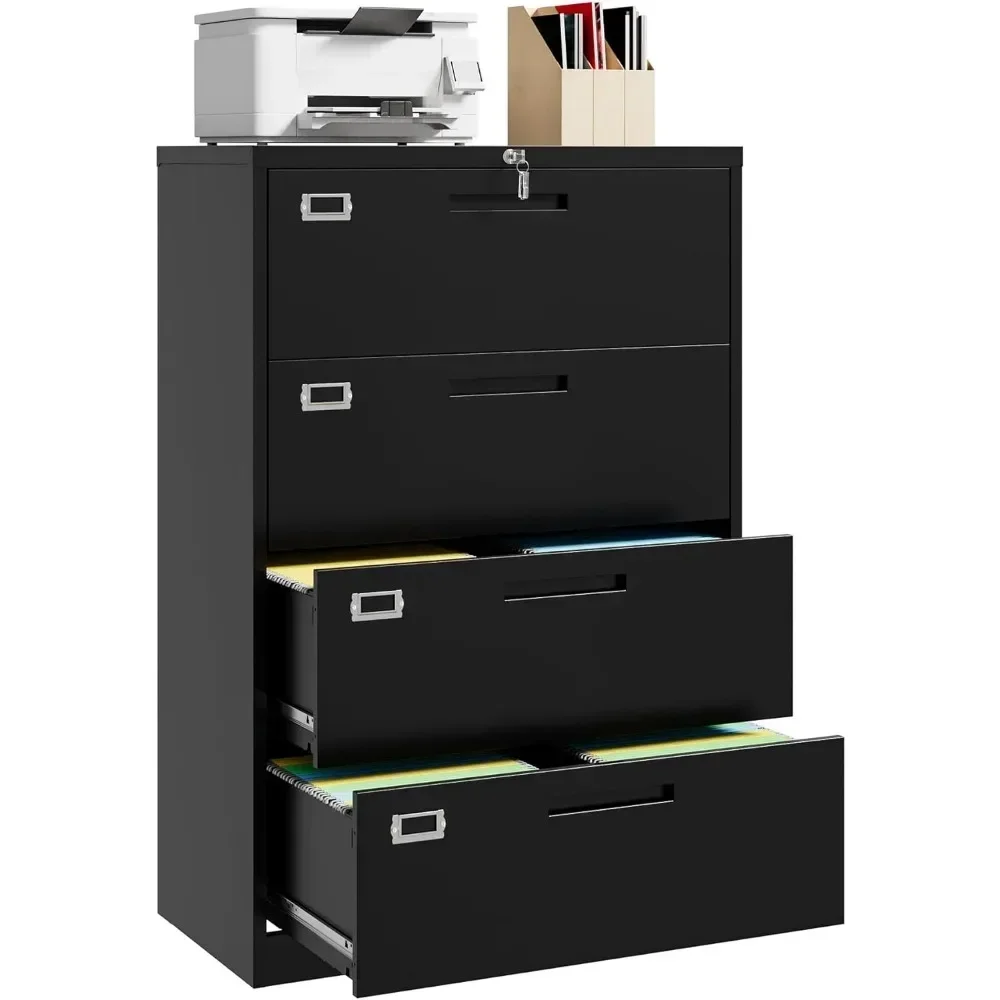 4 Drawer File Cabinet with Lock, 4 Drawer Steel Wide Filing Organization Storage Cabinets, Steel Lateral File Cabinet for