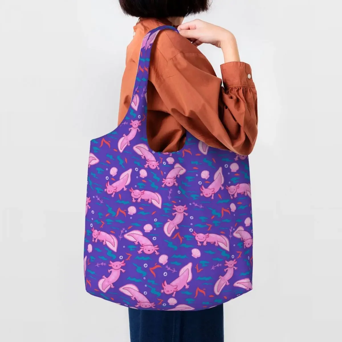 

Custom Axolotl Pattern Canvas Shopping Bag Women Portable Large Capacity Groceries Salamander Animal Tote Shopper Bags Handbags