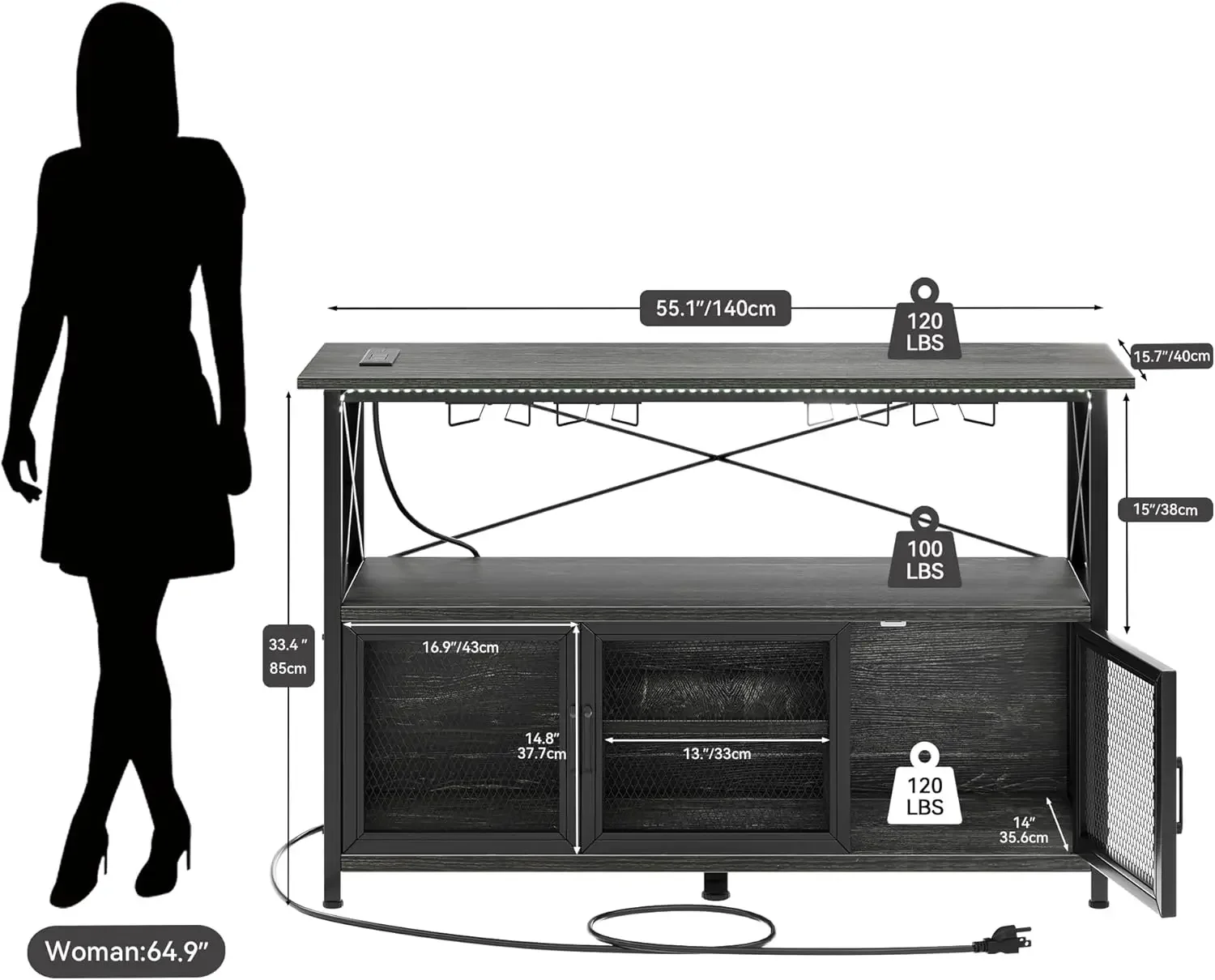 55 inch barkast met LED-verlichting, wijnkast met stopcontact, bartafelstandaard met wijnrek, opbergkasten, zwart eiken