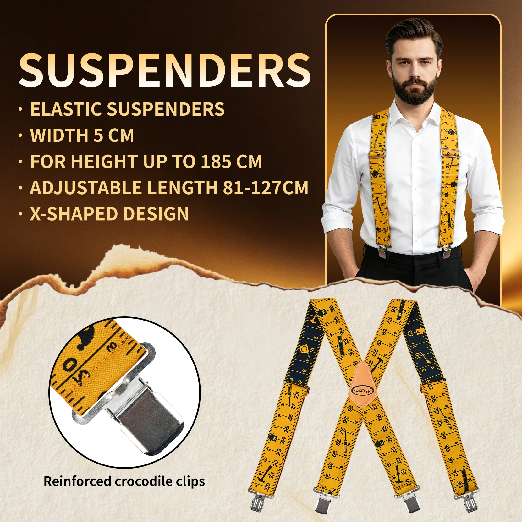 Mens Suspenders 2" Wide Adjustable and Elastic Braces X Shape with Very Strong Clips - Heavy Duty tape measure suspenders formen