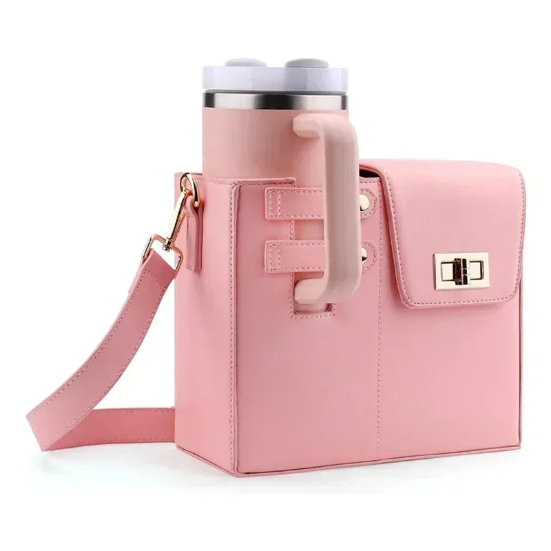 Outdoor Portable Crossbody Water Cup Storage Bag PU Leather Pouch Stanley Cups Handbag with Adjustable Shoulder Strap