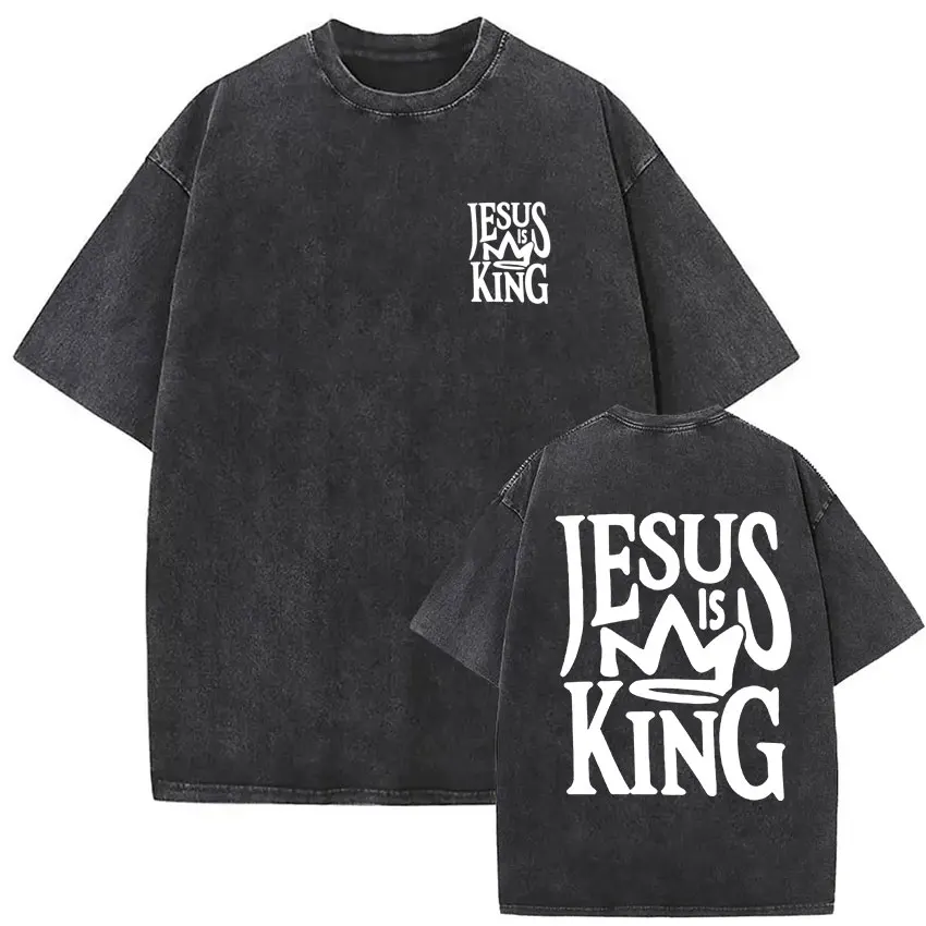 Gewaschenes Vintage Jesus Is King Print T-Shirt Unisex Locker Sitzende Christliche Kleidung Kurzarm T-Shirts Herren Übergroßes Baumwoll-T-Shirt