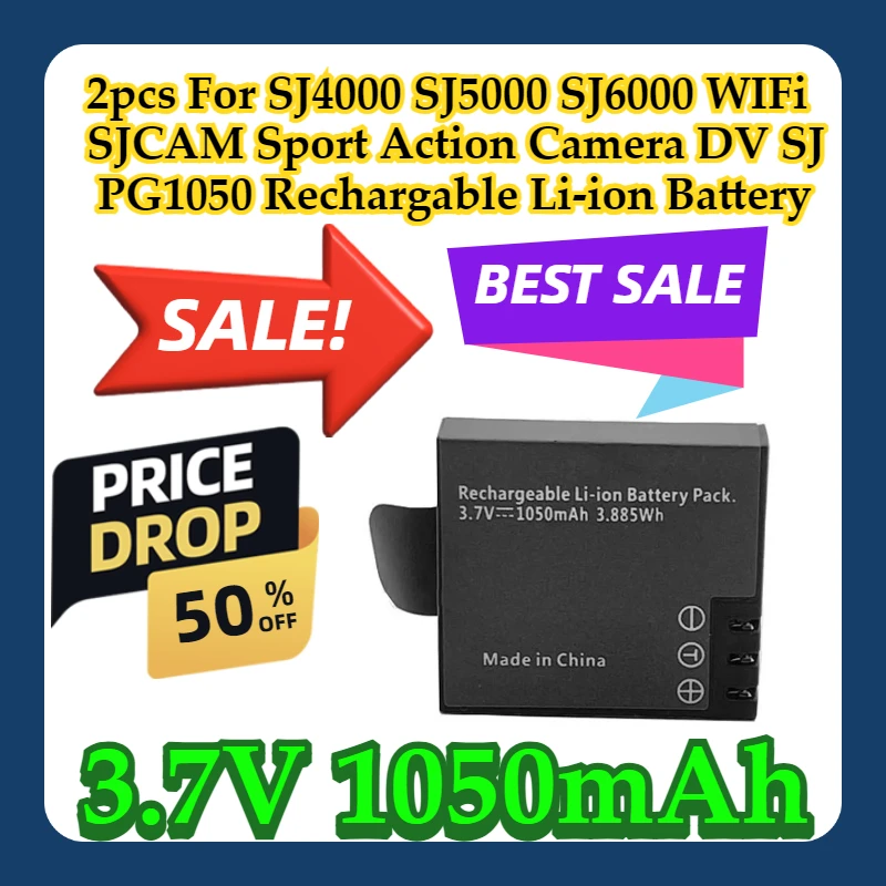 2pcs For SJ4000 SJ5000 SJ6000 WIFi SJCAM Sport Action Camera DV SJ 3.7V 1050mAh PG1050 Rechargable Li-ion Battery