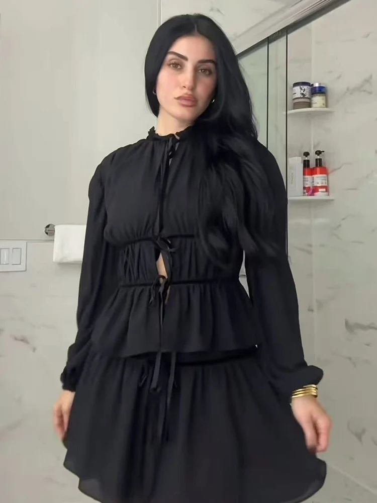 2026 nova mulher arco rendas até camisas casuais manga longa babados gola ajuste camisa feminina cor sólida moda blusa topos