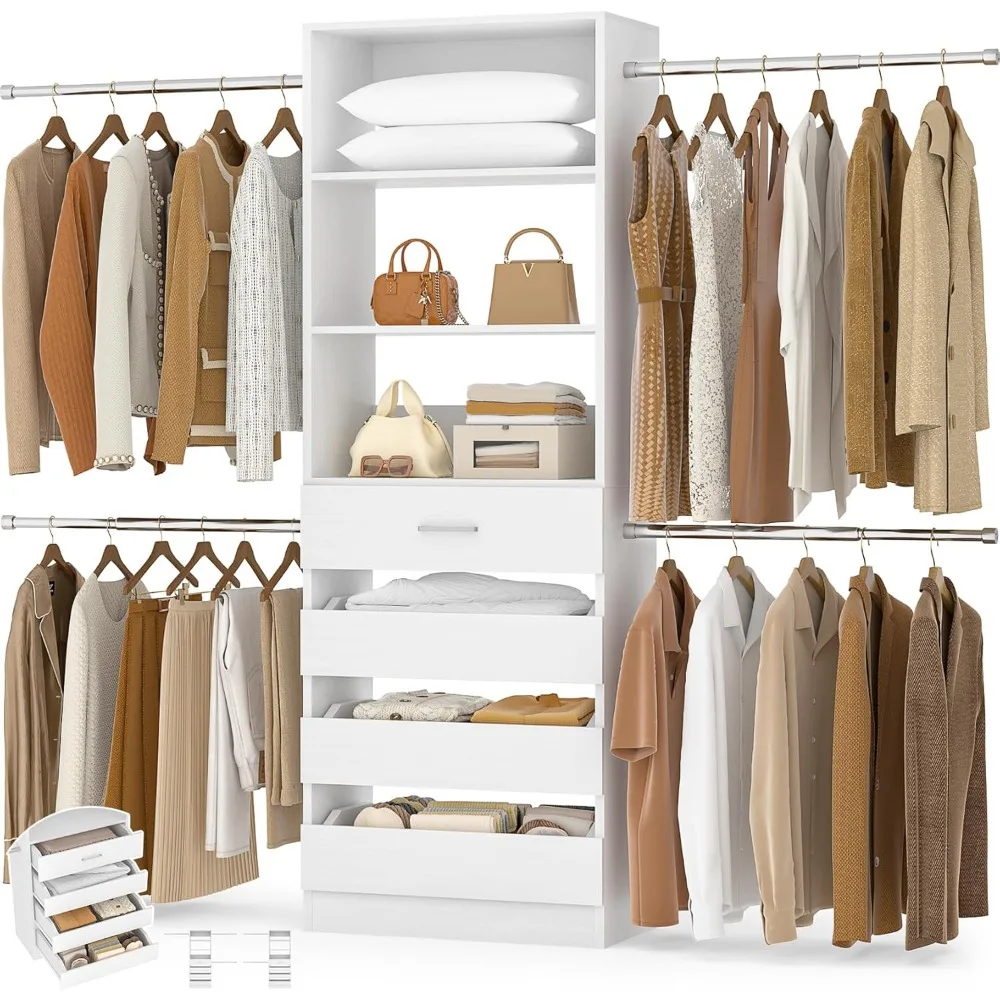 

Closet System, 4-9Ft Closet Organizer with 4 Wooden Drawers, Wood Wardrobe Organizer with Hanging Rods & Storage Tower