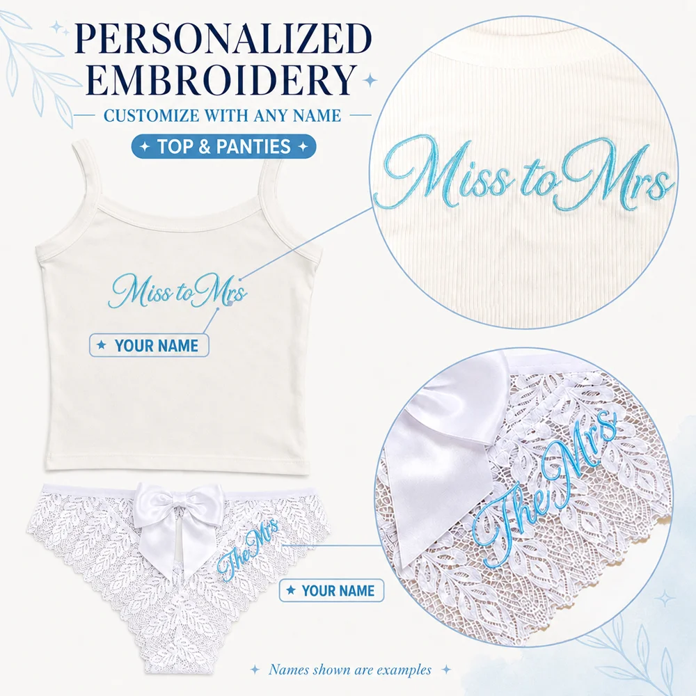 Personalized Name Embroidery Bridal Lingerie Set for Women Custom Lace Camisole and Panties Wedding Honeymoon Gift