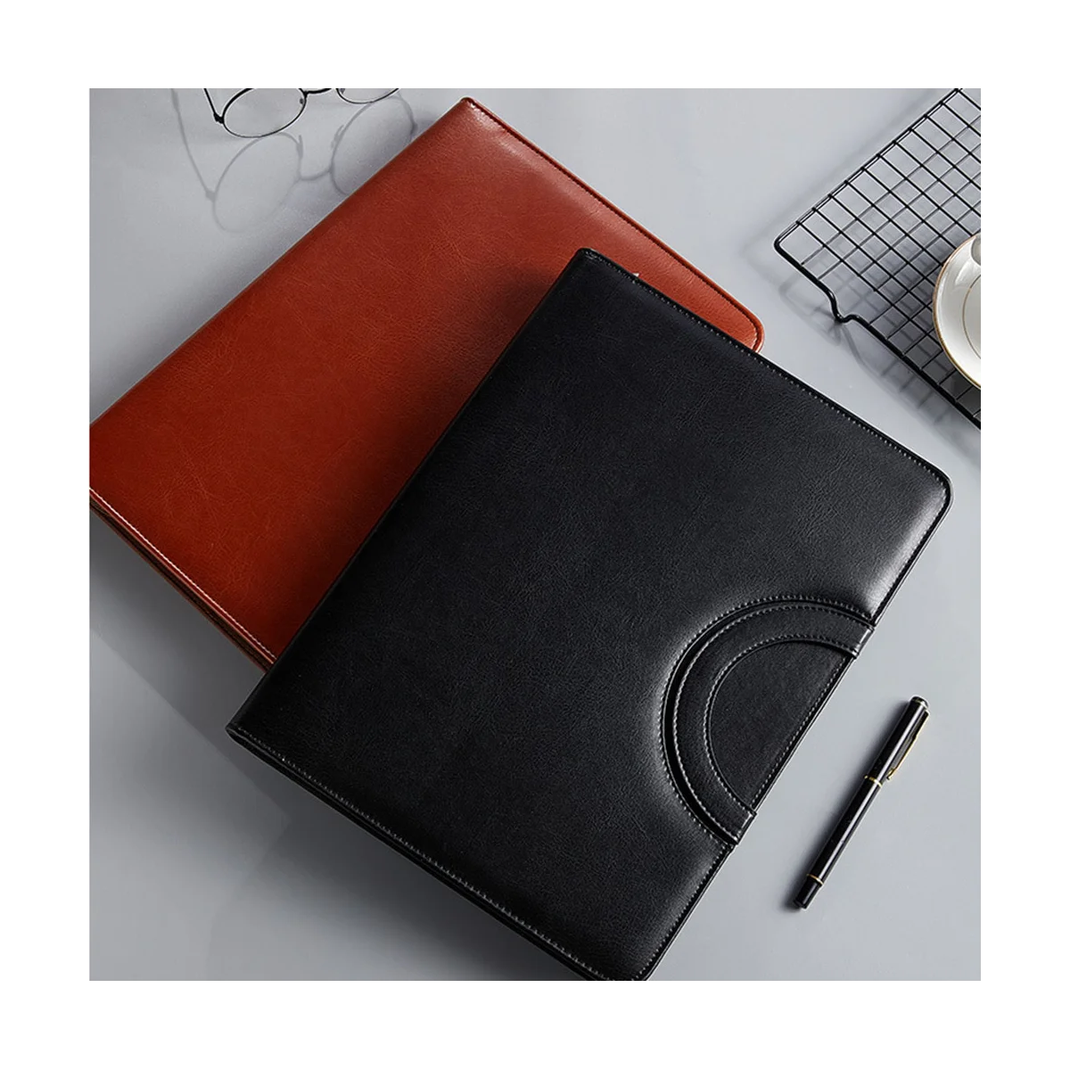 Carpeta de cuero con cremallera para hombre y mujer, Padfolio de negocios con asa, Bloc de notas de conferencia, color negro