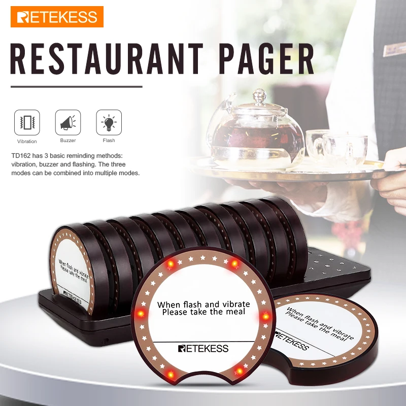 Retekess TD162 Pager For Restaurant Wireless Calling Queuing System 10 Vibrator Coaster Buzzers Receiver For Food Truck Cafe Bar