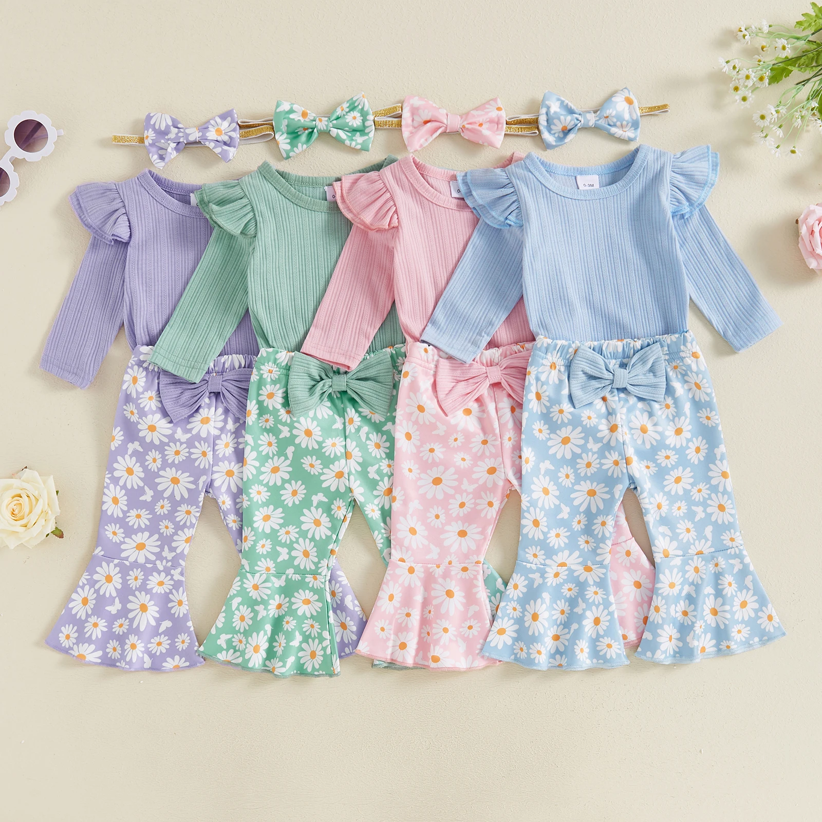 

2024 Autumn Toddler Baby Girl 3 Piece Outfit Fashion Long Sleeve Ribbed Romper Daisy Flare Pants Bow Headband Baby's Sets New