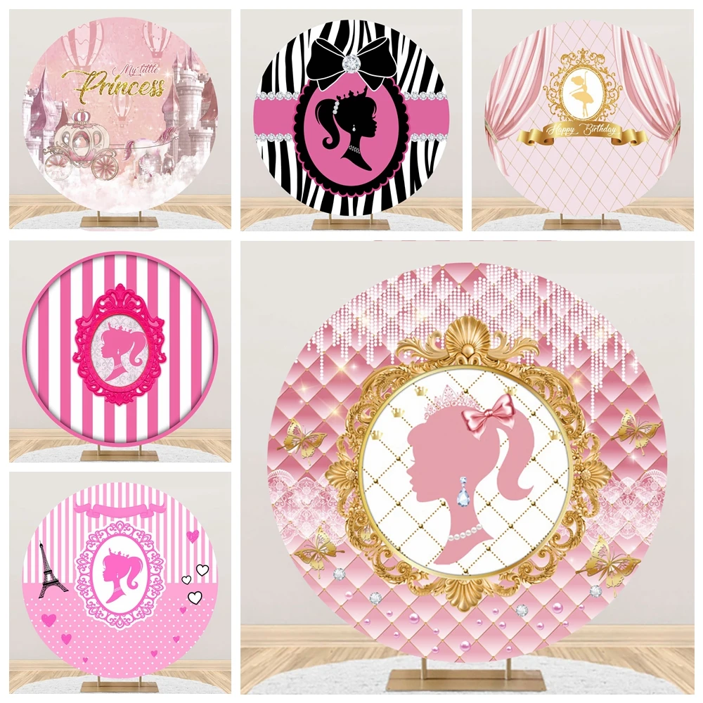 공주 소녀 생일 원형 배경 커버, 핑크 성 꽃 나비 베이비 샤워 원형 배경, 사진 소품
