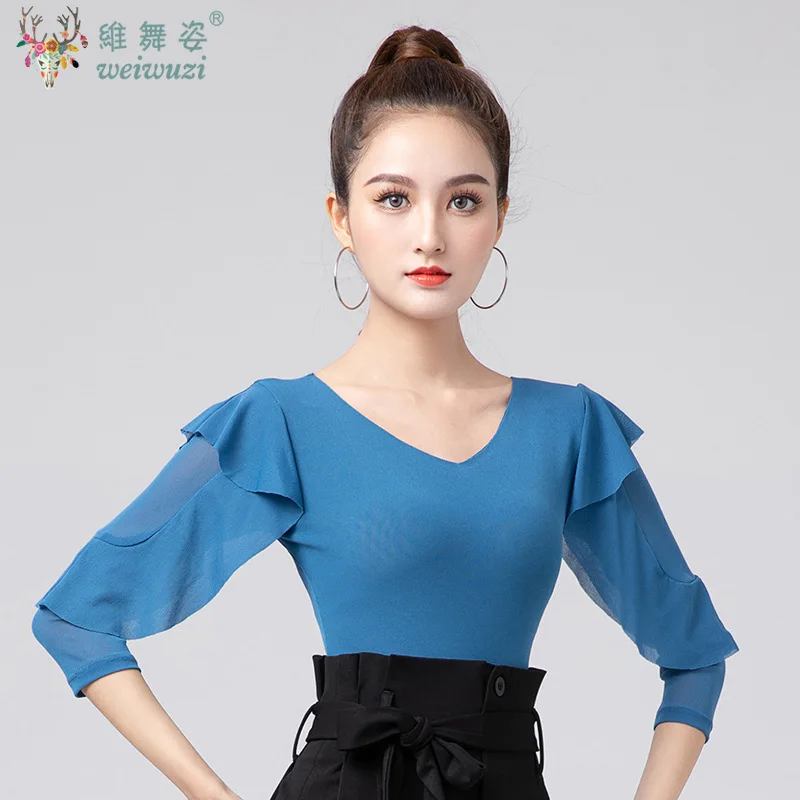 2025 New Women National Standard Dance Latin Sexy Mesh Top Women Spring Summer Ballroom Clothes for Women Exercise Clothing