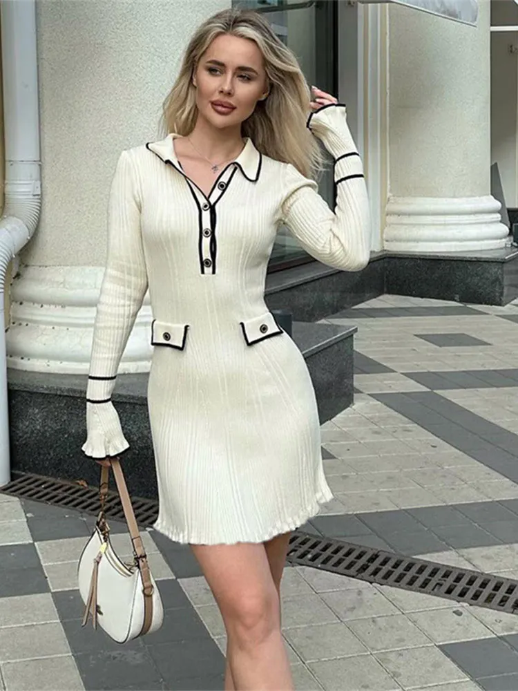 Knitted Lapel Single-breasted Maxi Dress For Women Elegant Flare Long Sleeve Hem Slim Solid Dresses Female Commuting Office Robe