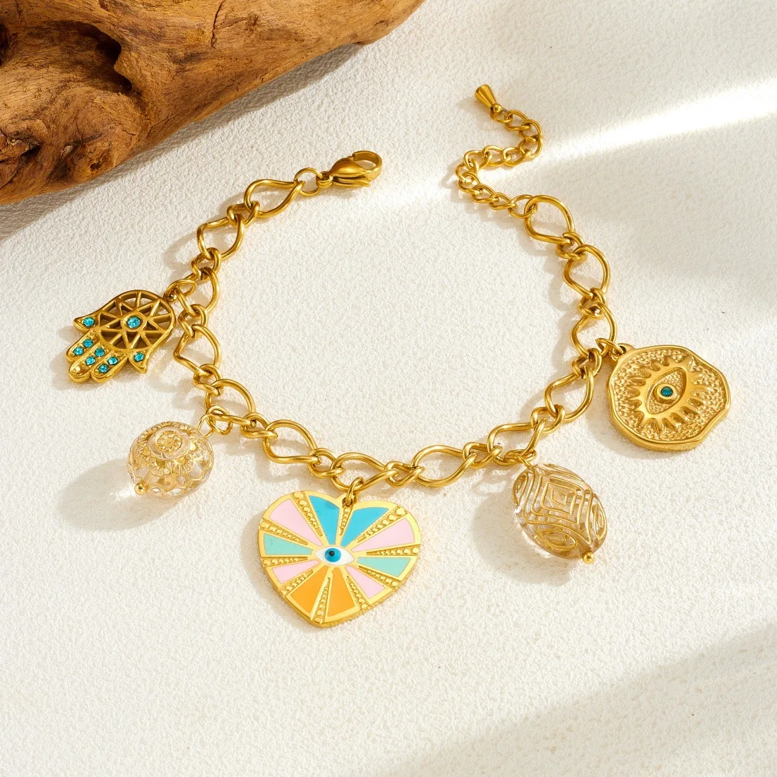 Boho Colorfast Turkish Evil Eye Steel Bracelet Multi Charm Hamsa Hand Heart Enamel Pendant Link Chain Amulet Bracelets for Women