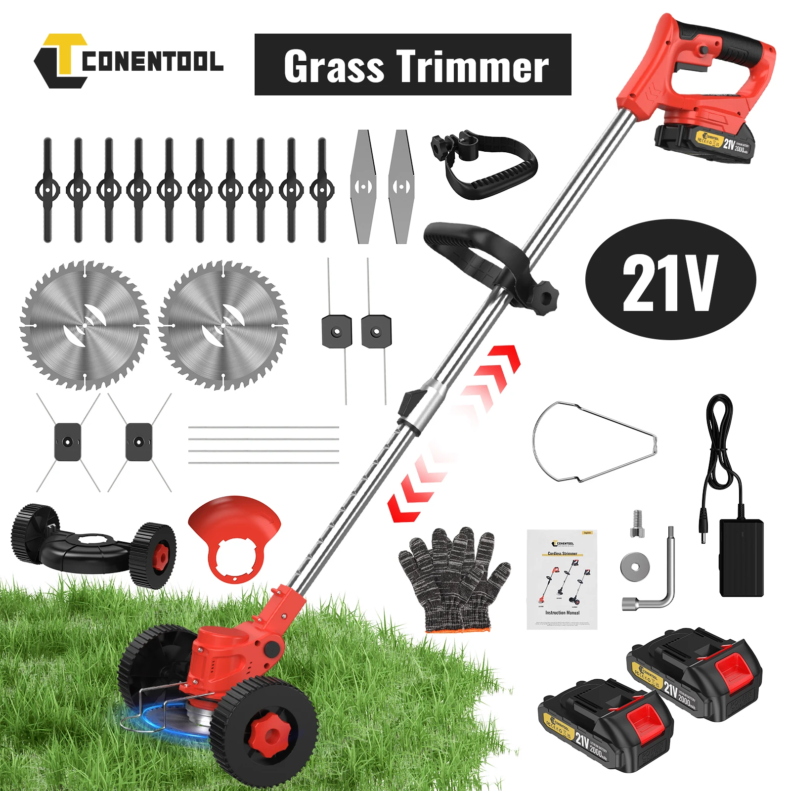 Tondeuse à gazon sans fil Conentool 21V 650W 8500RPM, tondeuse électrique 6 pouces avec 5 types de lames, roue de support pour batterie Makita