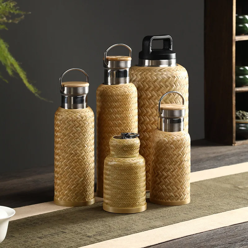 

350MLbamboo woven thermos cup,handmade,stainless steel inner liner,heat and cold protection,retro,portable creative water bottle