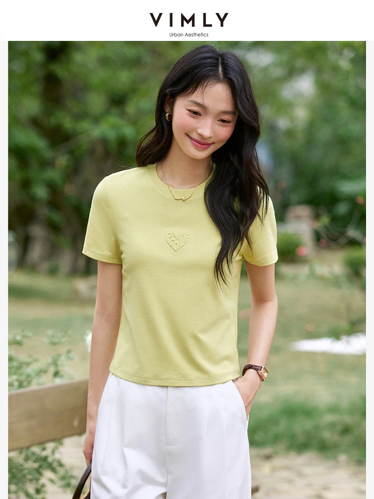 

VIMLY 3D Artistic Graphic Tee Shirt 2025 Women Summer Short Sleeve T-shirt Casual Simple Round Neck T Shirt Female Clothes A1187