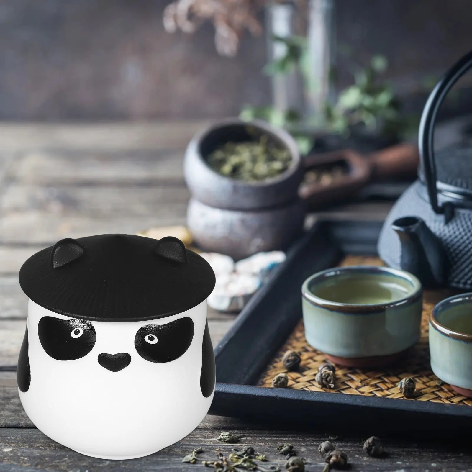 Panda Theme Ceramic Tea Container with Tight Seal Lid Kitchen Storage Jar for Tea Bags Coffee Beans Nuts Cereal Grains Decor