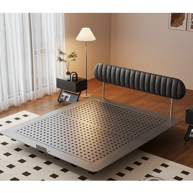 Ultra-thin bedside carbon steel wrought iron bed modern simple master bedroom double bed French bread bed leather suspended