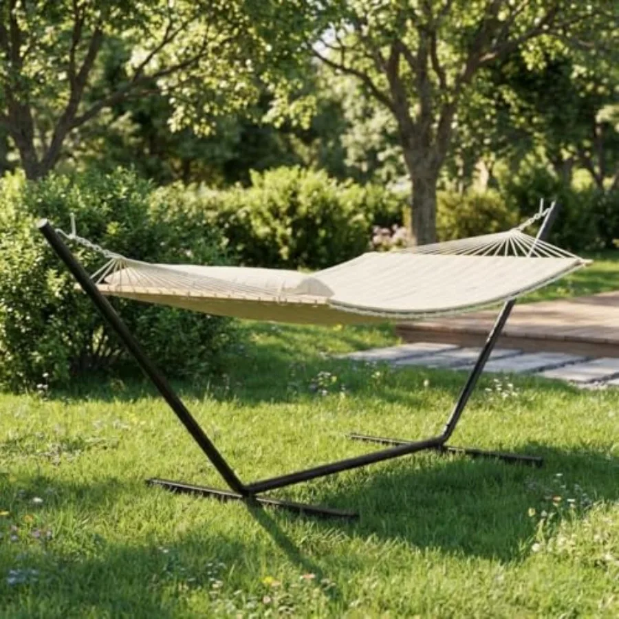 

Double Hammock with Stand for 2 Person - Heavy Duty 475 lbs Capacity - Breathable Cotton Rope and Reversible Quilted Pad - Hard