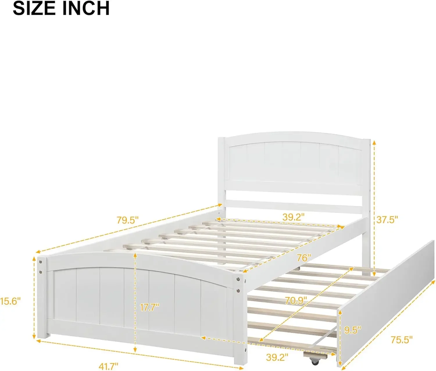 Platform Bed Frame with Trundle for 2 Kids, High Headboard, No Box Spring Need(White)