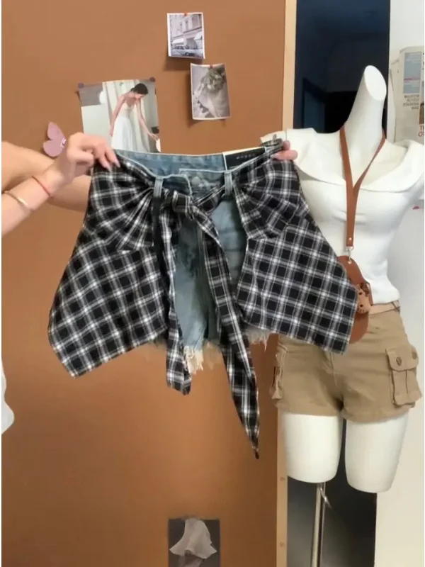 

plus Size Women's High Waist Plaid Denim Shorts Set Summer Vintage Hot Pants Two Piece Set American High Street Style