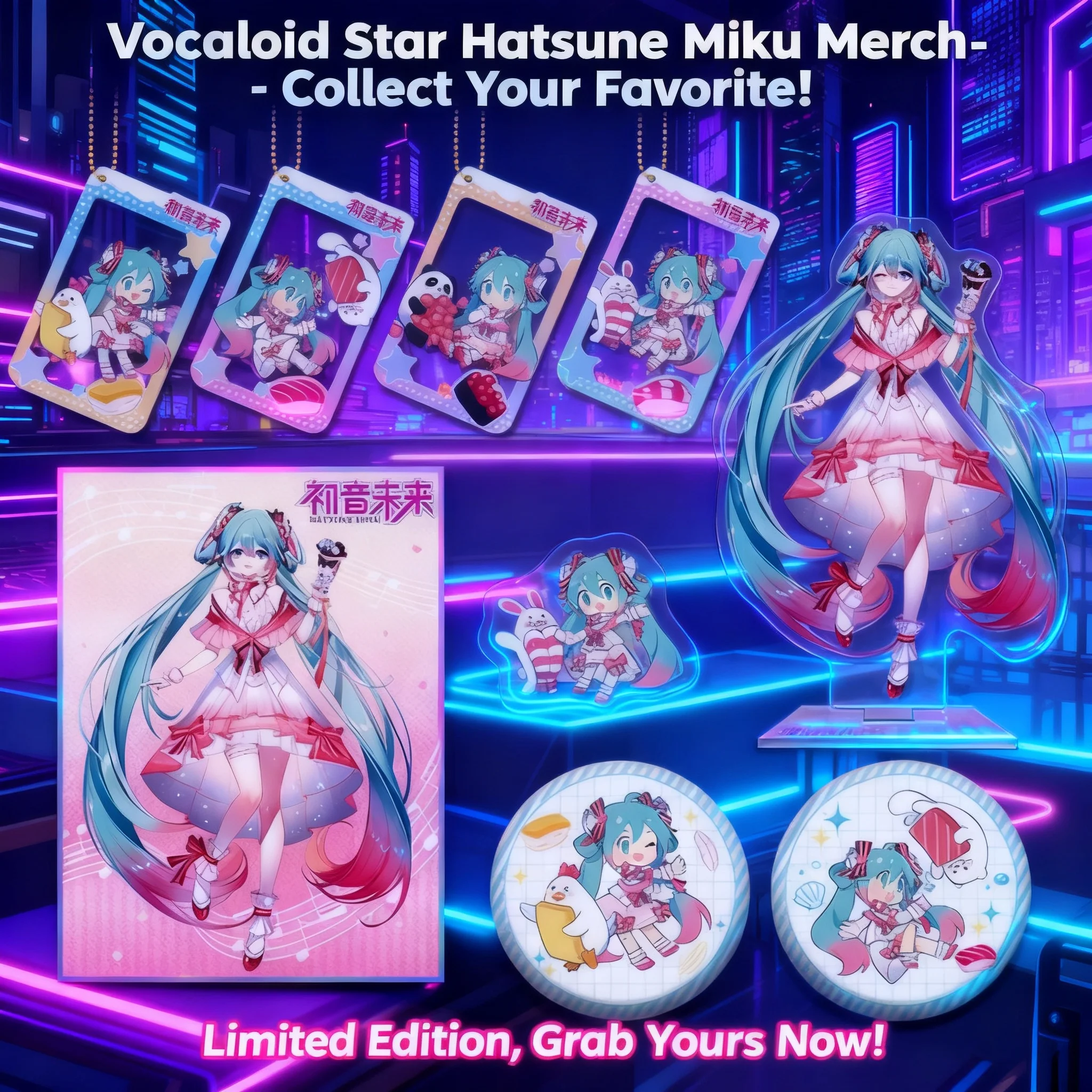 

Брелок-подставка из прозрачного акрила с блестящим значком и цепочкой из бусин по мотивам аниме Miku Hatsune Sushi Chef, коллаборационный подарок