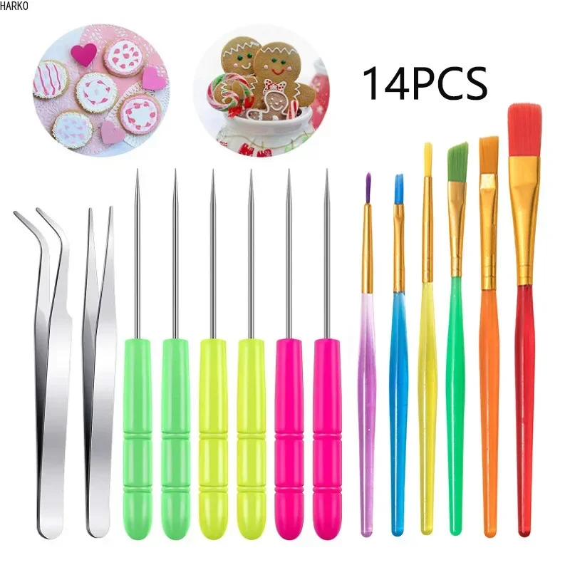 14Pcs Cake Decorating Tools Cookie Brush Fudge Stirring Punch Tweezers Cake Painting Brush Nail Decoration Tool