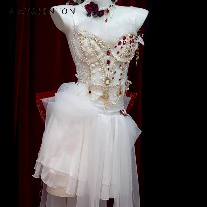 

Original Design White Heavy Industry Bead Chain Women's Bra Punk Lace Chiffon Irregular Skirt Suit Ladies