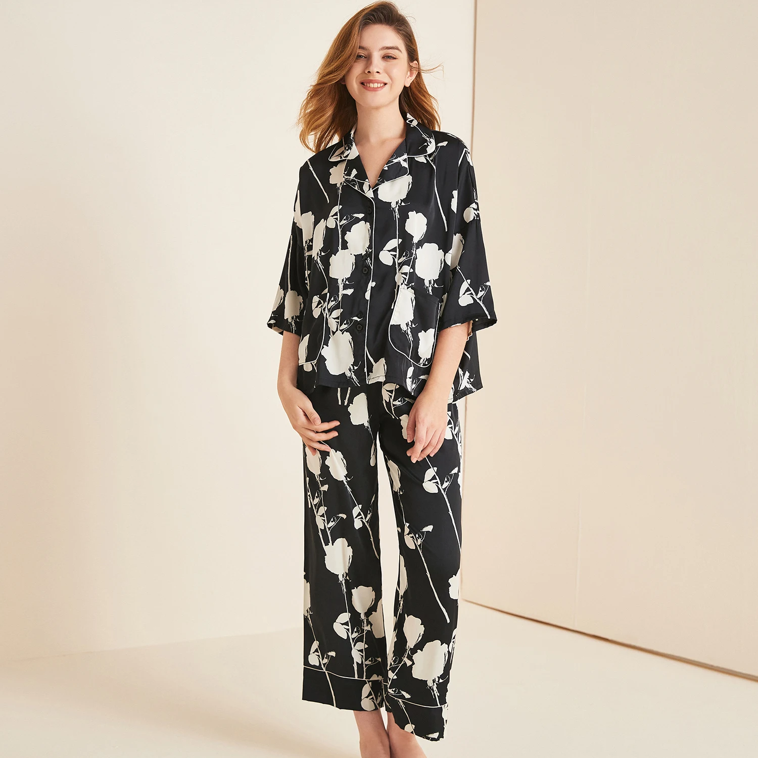 

Black Silky Satin Pajamas for Women Printed Floral 2 pcs PJ set with Long Pant Loungewear Sleepwear Nightwear