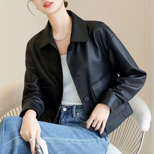 Imagen 2 del producto 2025 chaqueta de primavera para mujer, ropa de cuero Retro, abrigo corto informal con solapa de Color Maillard con estampado de lichi de piel de oveja de alta calidad