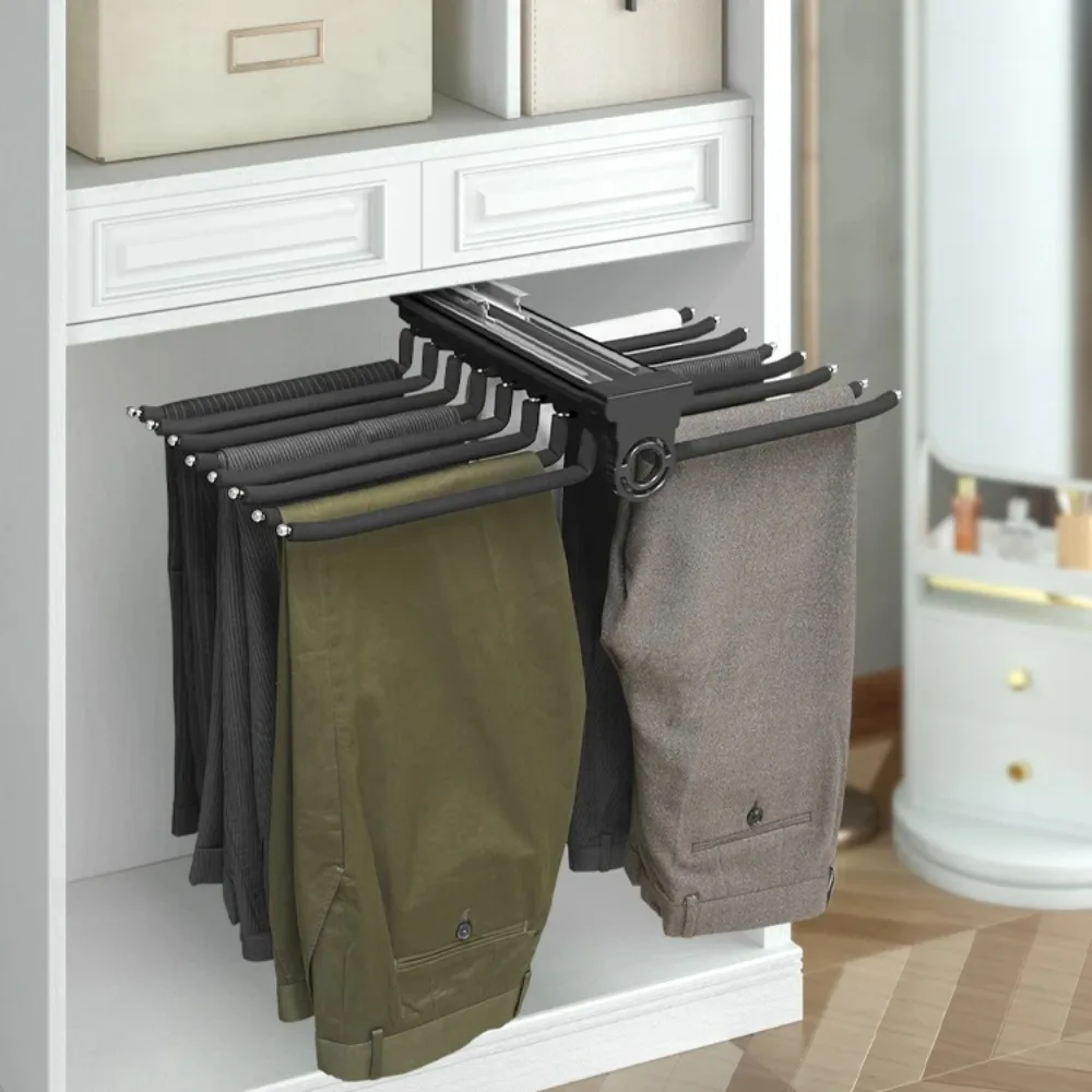 Pull out pants hanger damping slide steel two rows bar clothes organizer top mounted pants rack
